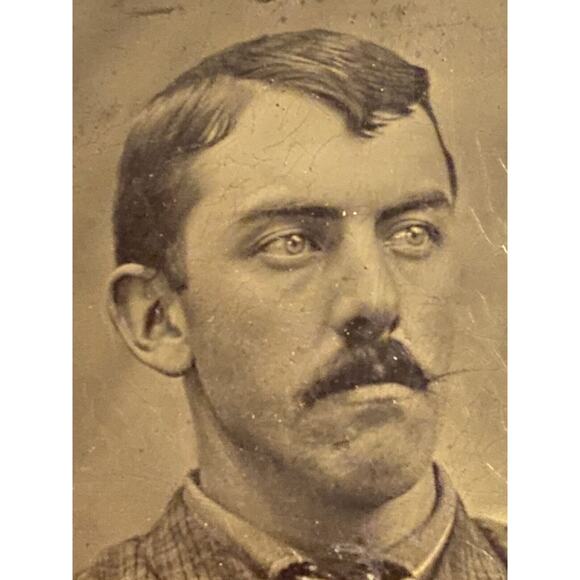 Tintype Photograph Long Faced Man with Mustache, Plaid Jacket and Striped Shirt - Picture 4 of 6